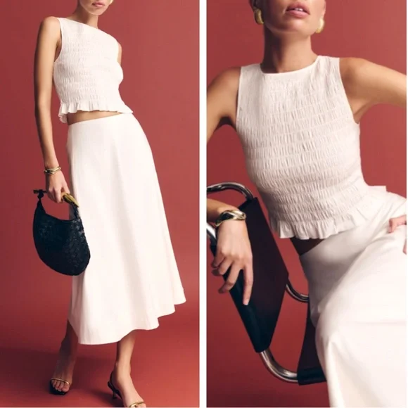 BEST Reformation Laguna Two Piece Set White Ivory Cotton French Midi Classic - Picture 3 of 15